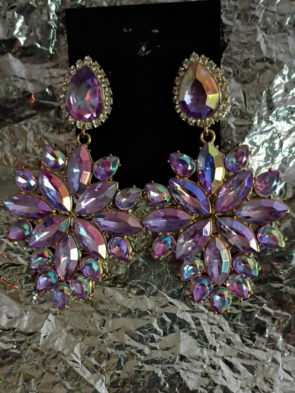 Gold-Setting Lavender Crystal Statement Earrings - Women Jewelry